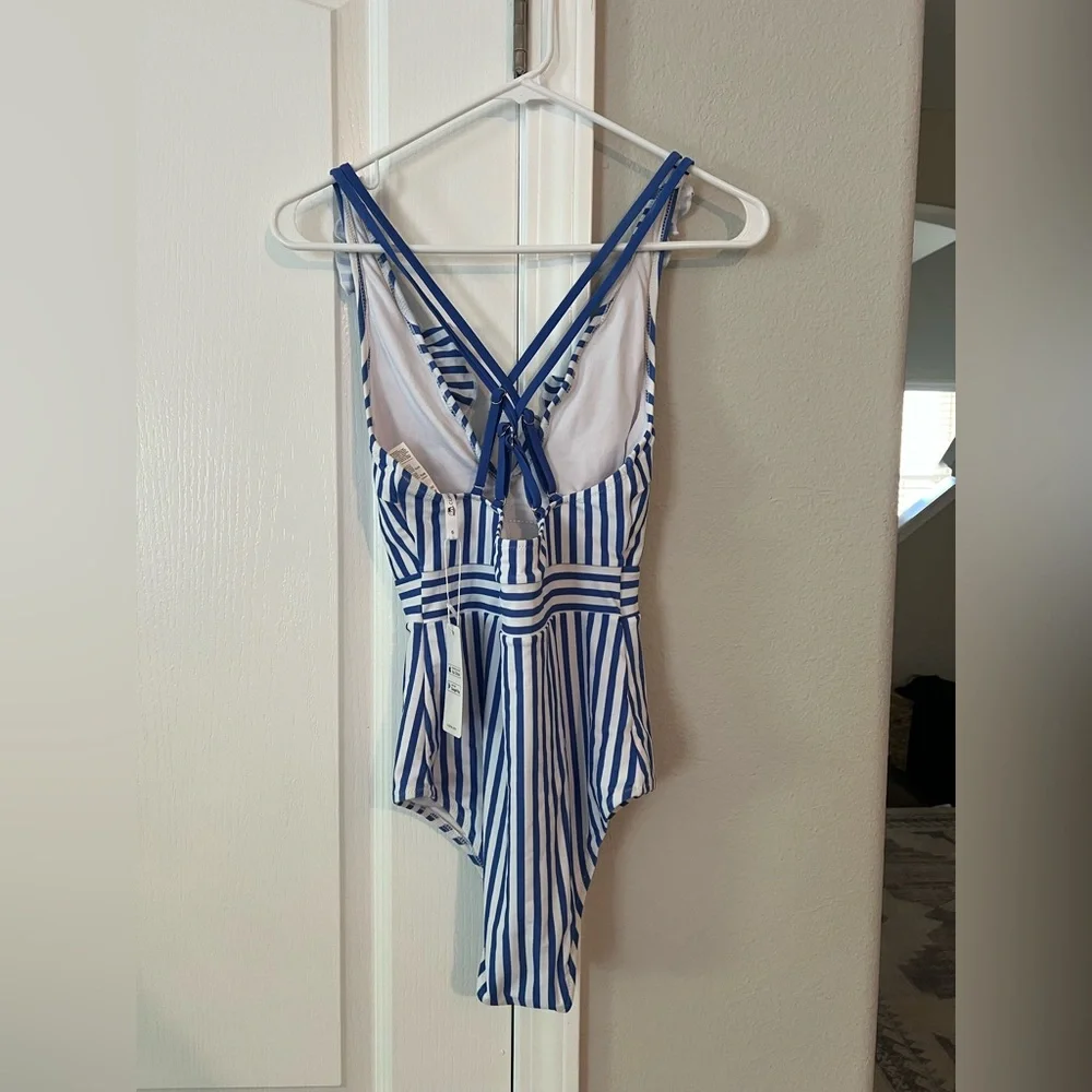 Blue and White Striped Women’s Swimsuit - Picture 3 of 3